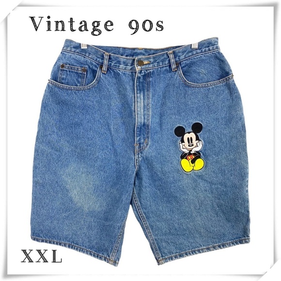 VINTAGE 90s Mickey Mouse Embroidered High Rise Denim Shorts Size XXL - Picture 1 of 9